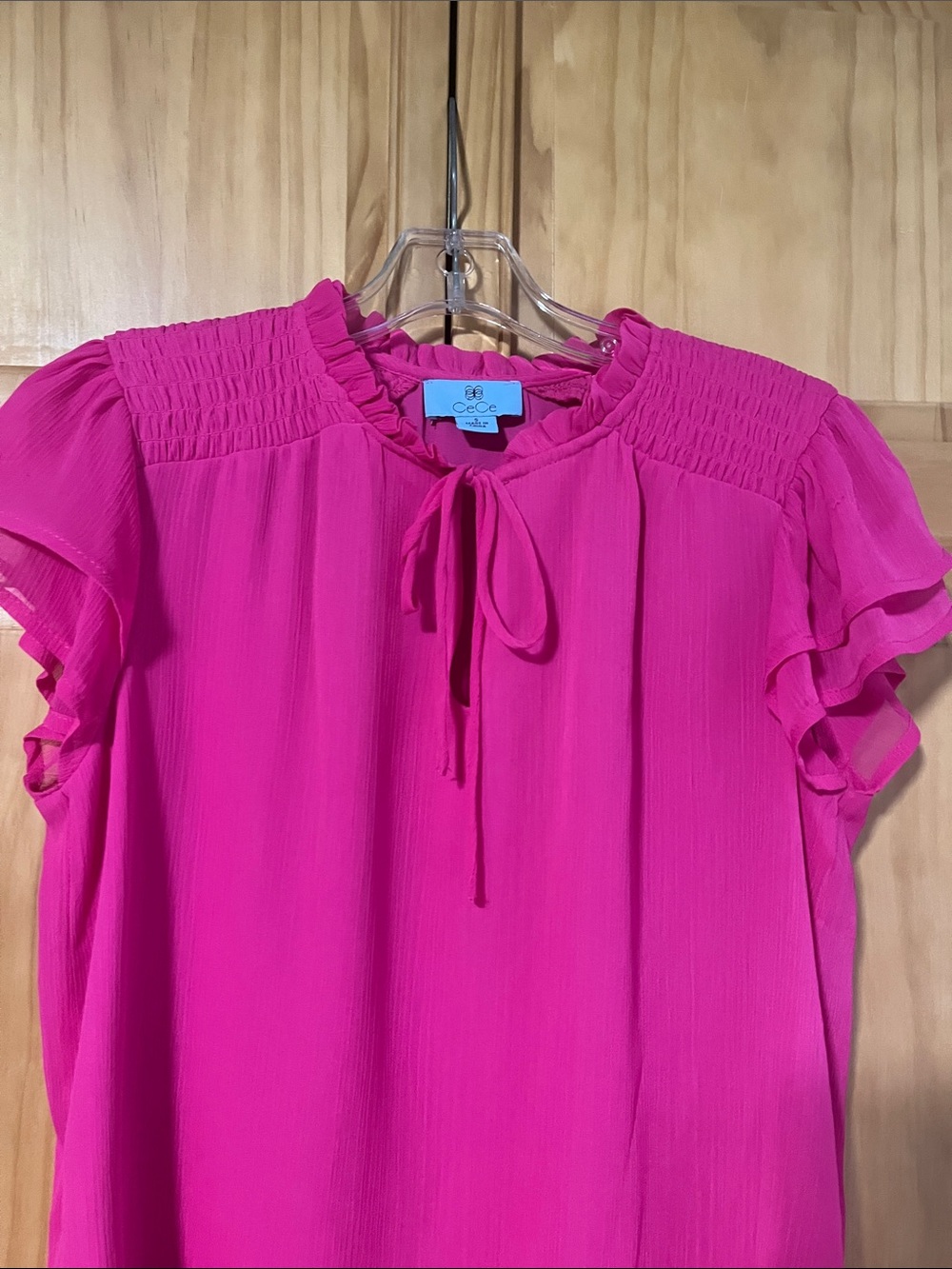 CeCe Bright Fuchsia Ruffled Tie-Neck Blouse - Picture 5 of 5